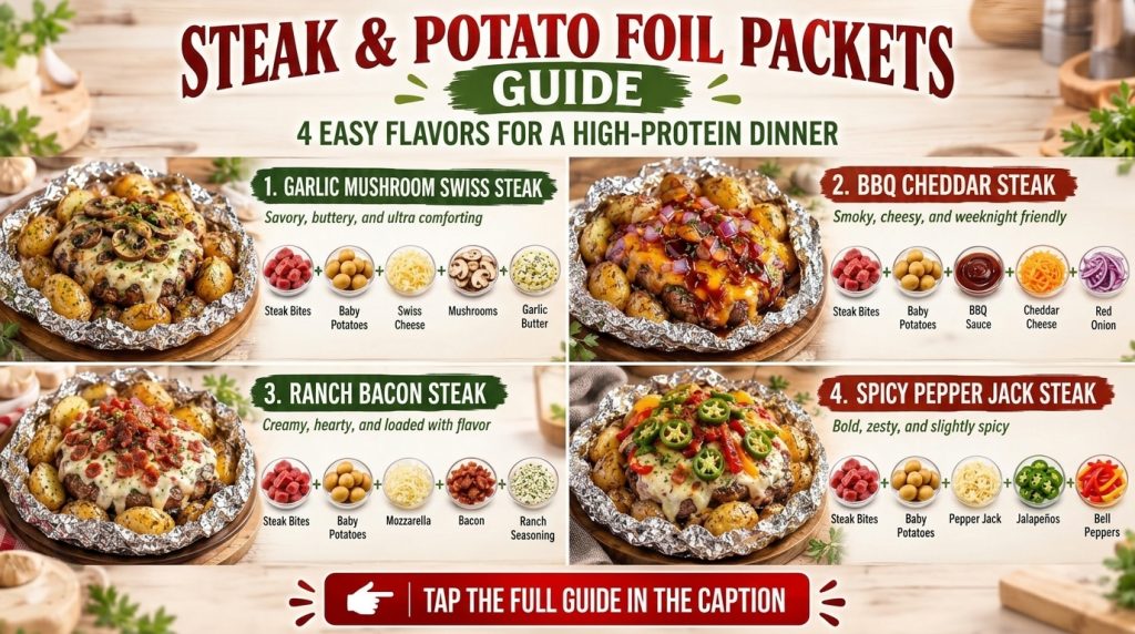 An infographic showing four different cooked steak and potato foil packet dinners Garlic Mushroom Swiss BBQ Cheddar Ranc