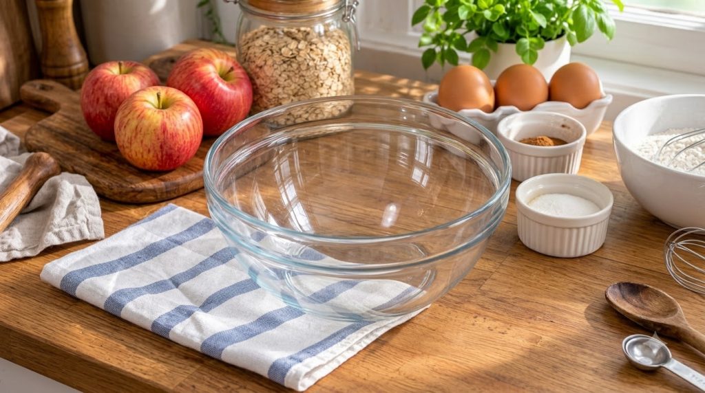 A cozy kitchen scene with an empty glass mixing bowl on a blue and white striped dishtowel surrounded by two red apples 