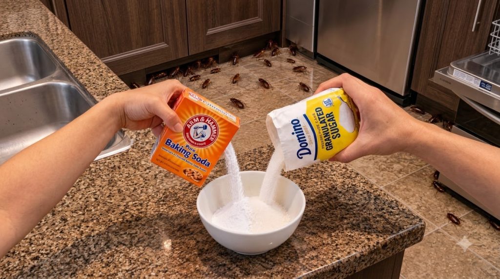 Two hands pouring baking soda and granulated sugar into a white bowl on a speckled countertop with a blurred background