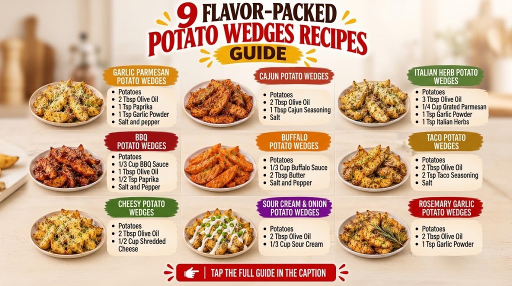 A 3x3 grid showcasing 9 different flavor-packed potato wedge recipes each with a unique seasoning and topping served on 