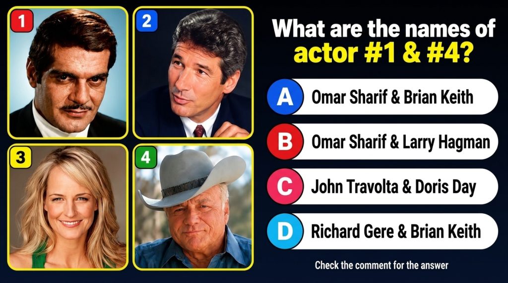 A 2x2 grid of four classic celebrity portraits with a quiz question below asking to identify actor 1 and 4
