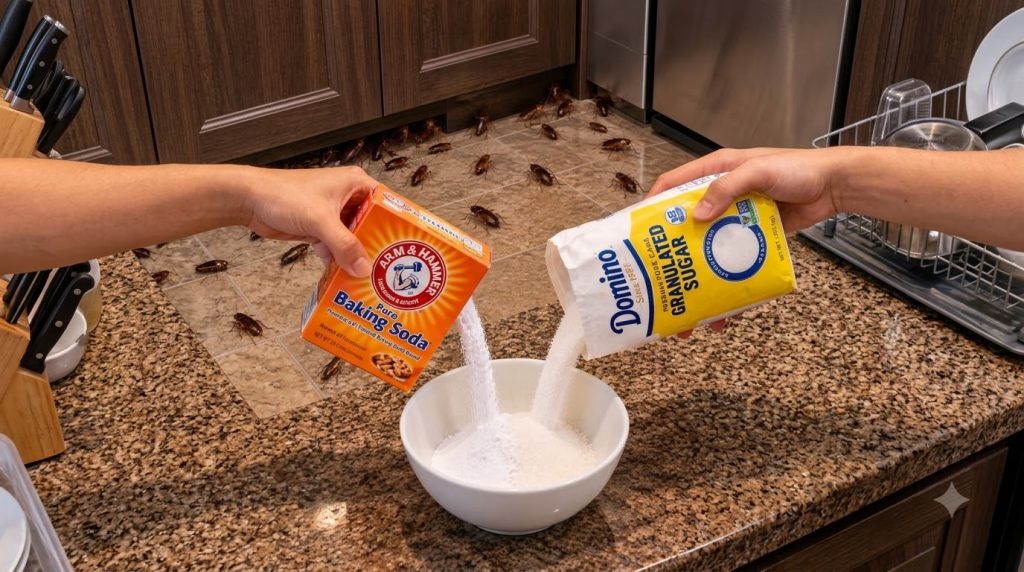 Hands pouring baking soda and granulated sugar into a white bowl on a speckled countertop with scattered cockroaches on