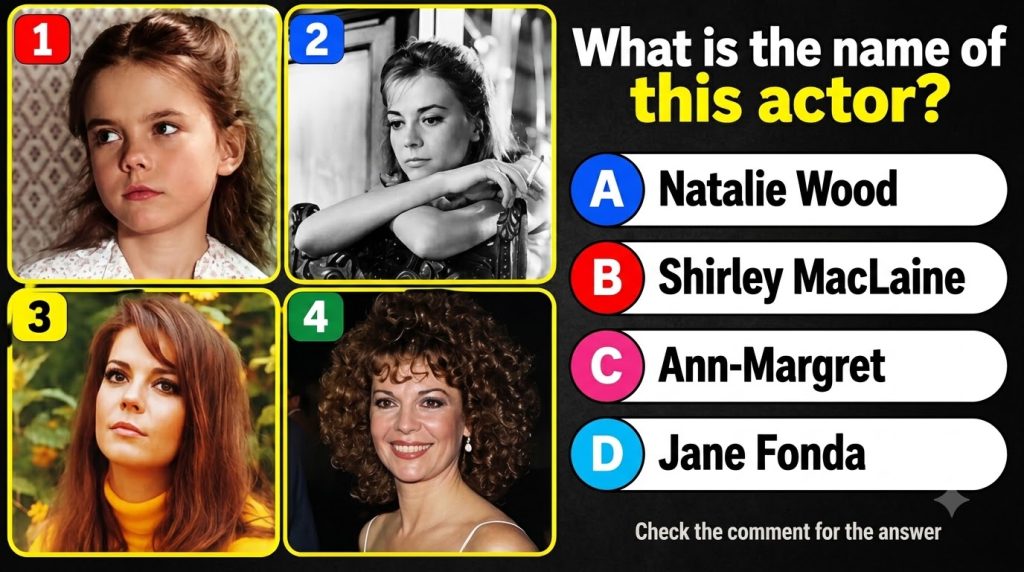 A 2x2 grid of four portrait photographs showing the actress Natalie Wood at different ages from childhood to adulthood w
