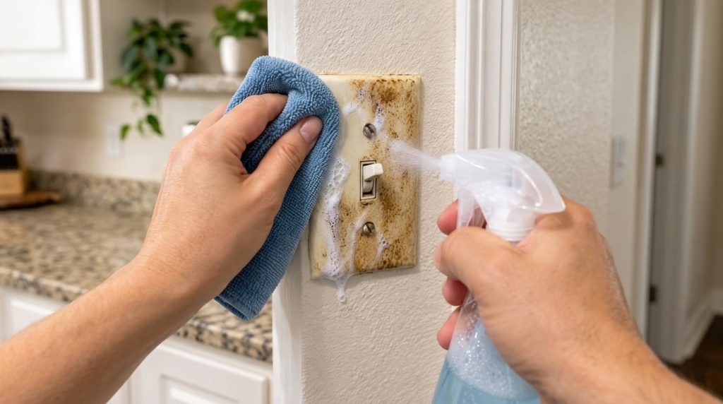 A close-up of a grimy light switch plate being cleaned One hand holds a blue microfiber cloth wiping the left side while