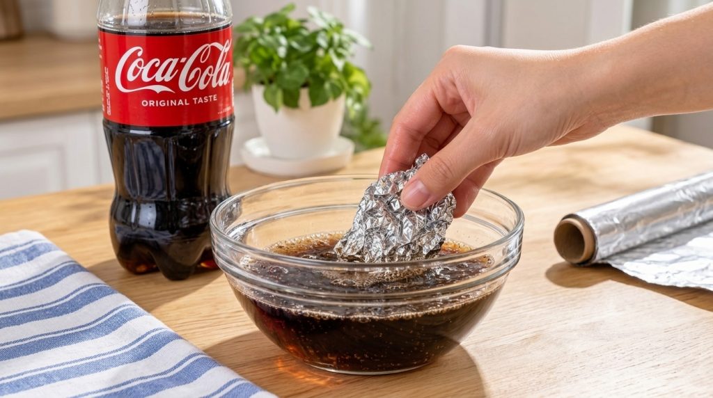 A hand holding crumpled aluminum foil partially submerged in a glass bowl of Coca-Cola with a large bottle of Coca-Cola 