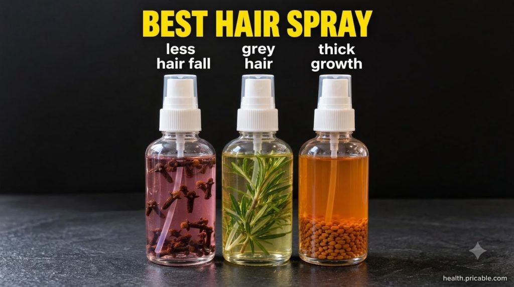 Three spray bottles on a dark surface one with pink liquid and cloves one with yellowish-green liquid and rosemary sprig