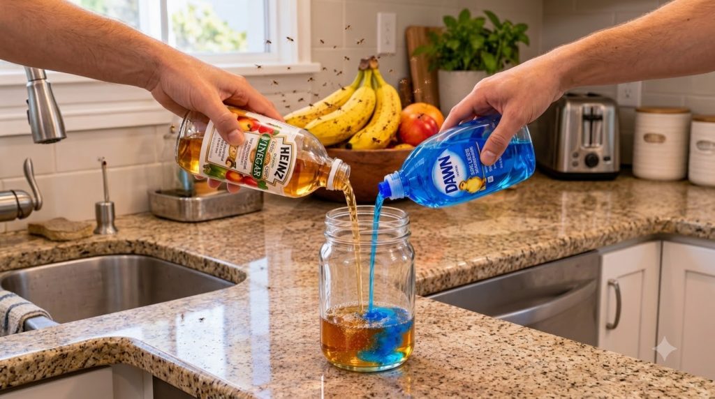 Two hands pouring apple cider vinegar and blue dish soap into a clear glass jar with a blurred background showing fruit 