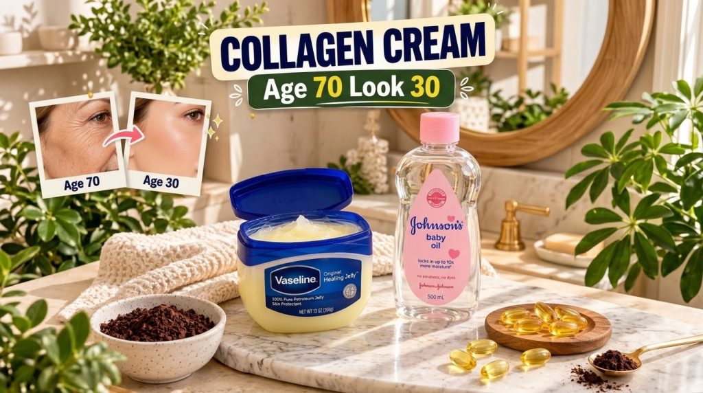 Ingredients for the beauty balm laid out on a marble surface including an open jar of petroleum jelly a bottle of baby o