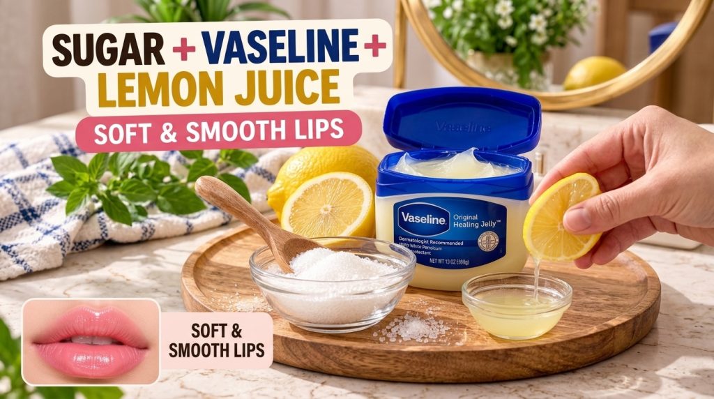 Ingredients for a homemade lip scrub a tub of Vaseline a bowl of sugar with a wooden spoon and fresh lemons one being sq