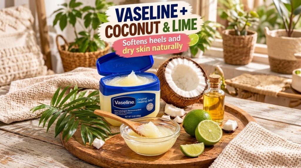 An open jar of Vaseline halved coconut sliced limes and a small bottle of coconut oil arranged on a wooden surface with 