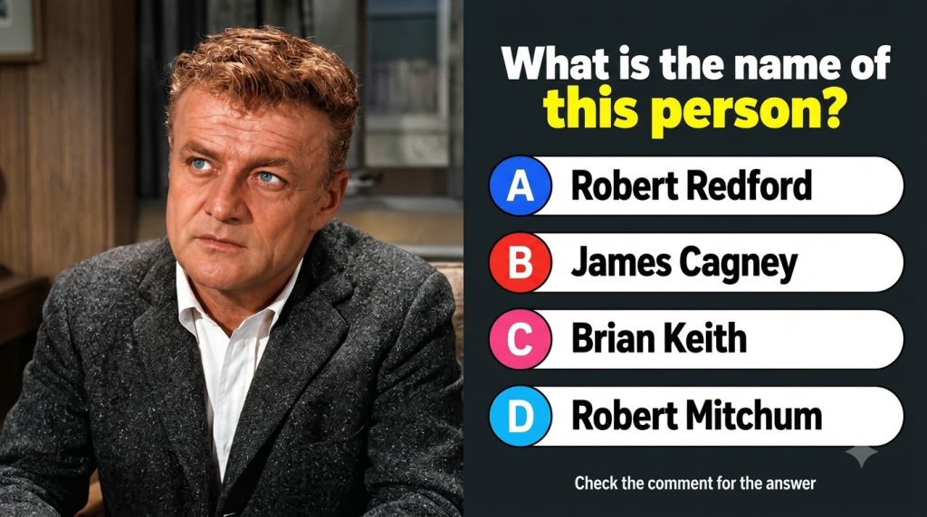 Three portraits of Brian Keith as part of a quiz showing him with reddish-blond curly hair and blue eyes One large color