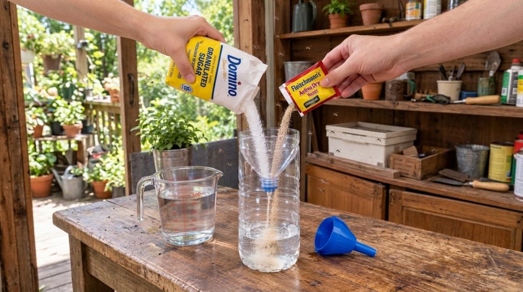 Hands pouring granulated sugar and active dry yeast into a plastic bottle with water through a funnel with fruit flies a