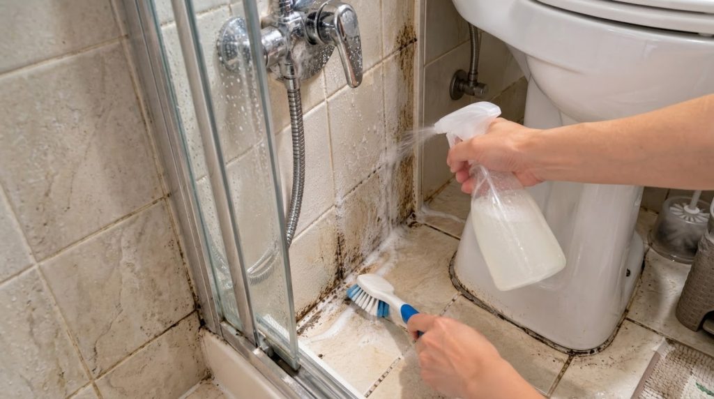 A person s hands are actively cleaning a bathroom corner Mold and grime are visible along the tiled wall and floor A spr