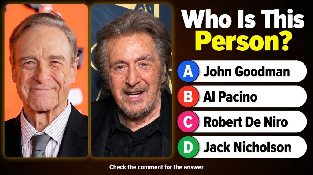 A vertical quiz graphic featuring two split portraits of older male actors John Goodman on the left against an orange ba