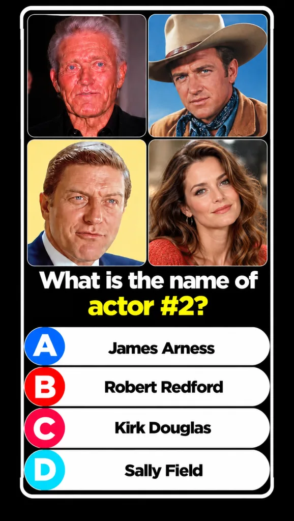 A quiz graphic showing four celebrity portraits Top-right shows Robert Redford in a cowboy hat labeled as Actor 2