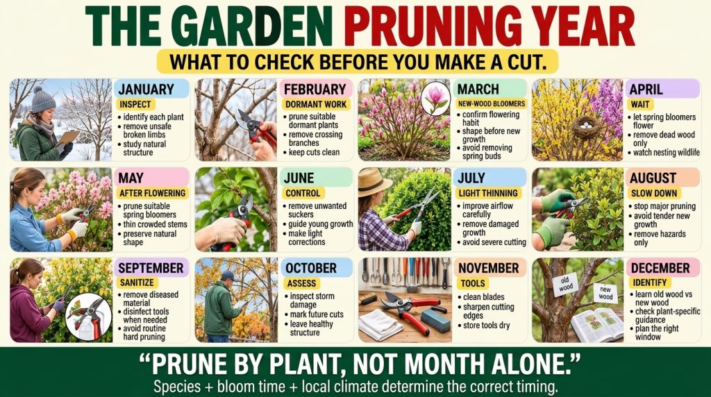 A detailed infographic titled THE GARDEN PRUNING YEAR presenting a month-by-month guide to plant care and pruning techni