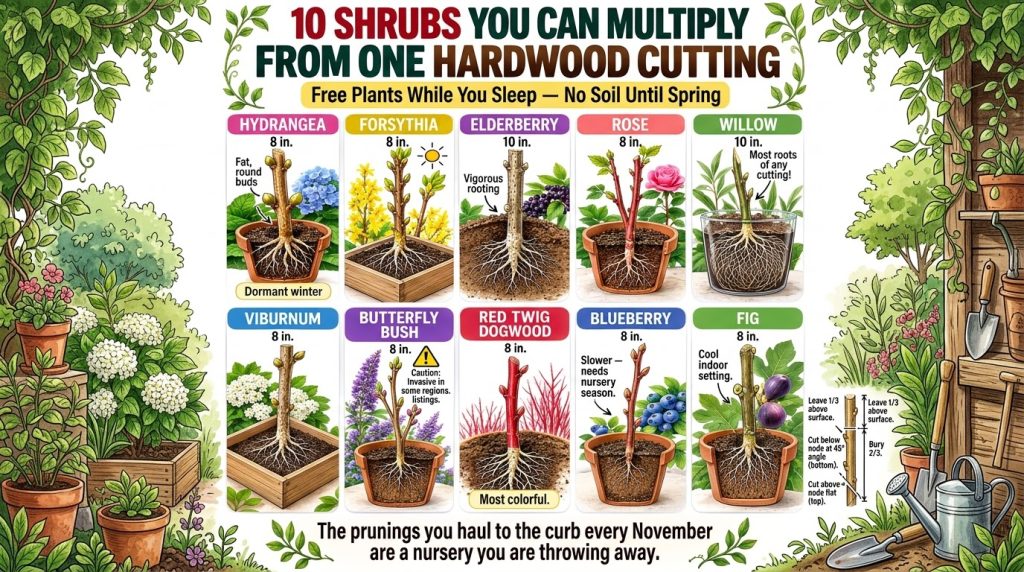 An infographic showing ten different types of shrub hardwood cuttings with visible root systems in soil or water includi