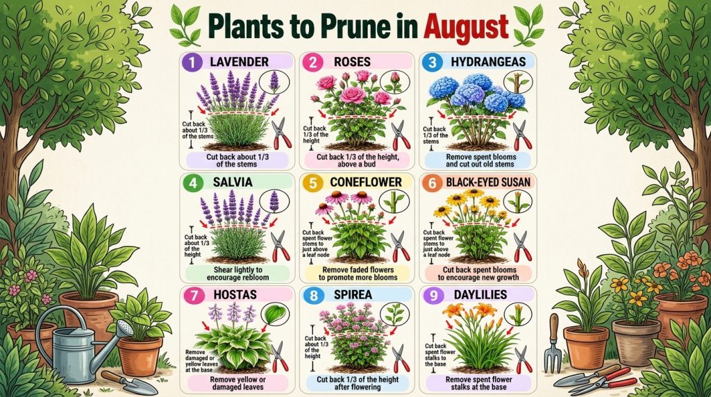 An infographic detailing pruning instructions for Lavender Roses Hydrangeas Salvia Coneflower Black-Eyed Susan Hostas Sp