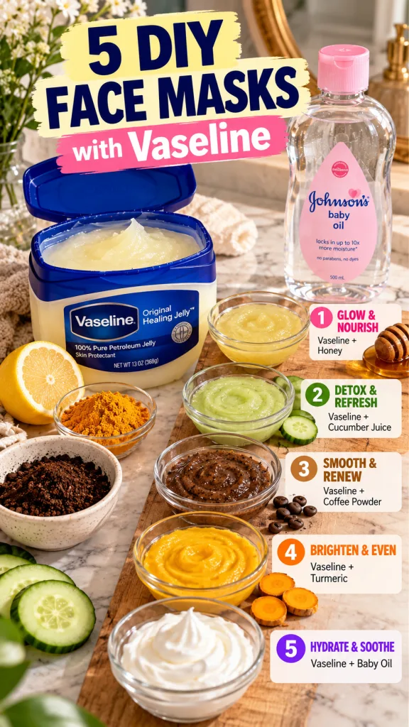 An overhead flat lay of five small bowls containing different DIY face masks made with Vaseline and natural ingredients 