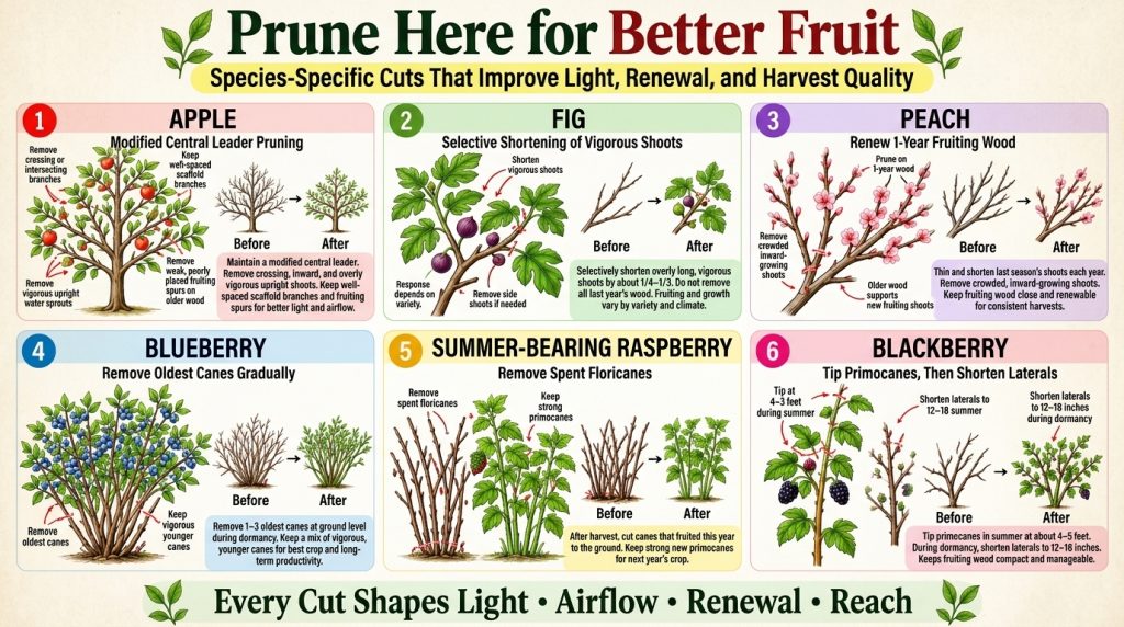 An infographic illustrating pruning techniques for six fruit plants Apple Fig Peach Blueberry Summer-Bearing Raspberry a