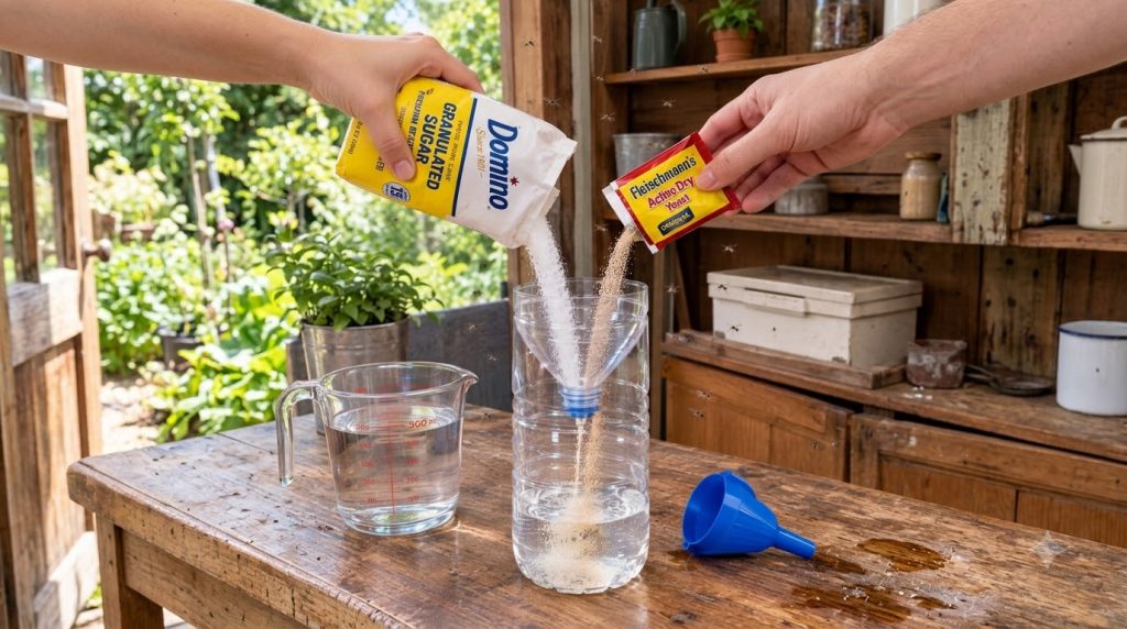Hands pouring sugar and yeast into a plastic bottle funnel with fruit flies visible in the air on a wooden table with a 