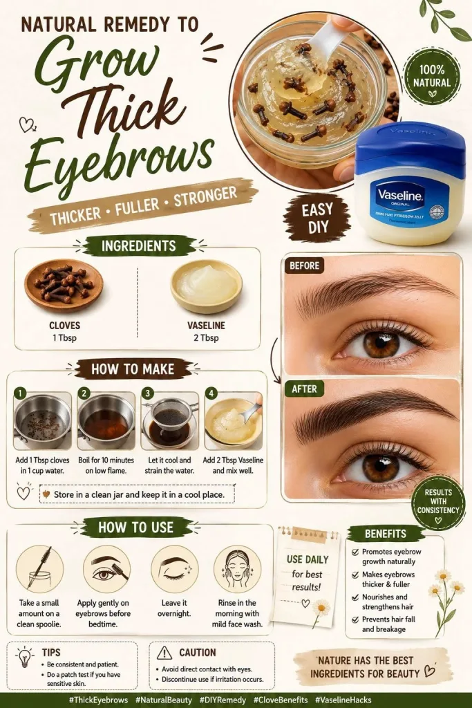 An infographic showing ingredients cloves Vaseline steps to make and use the eyebrow balm and before after images of eye