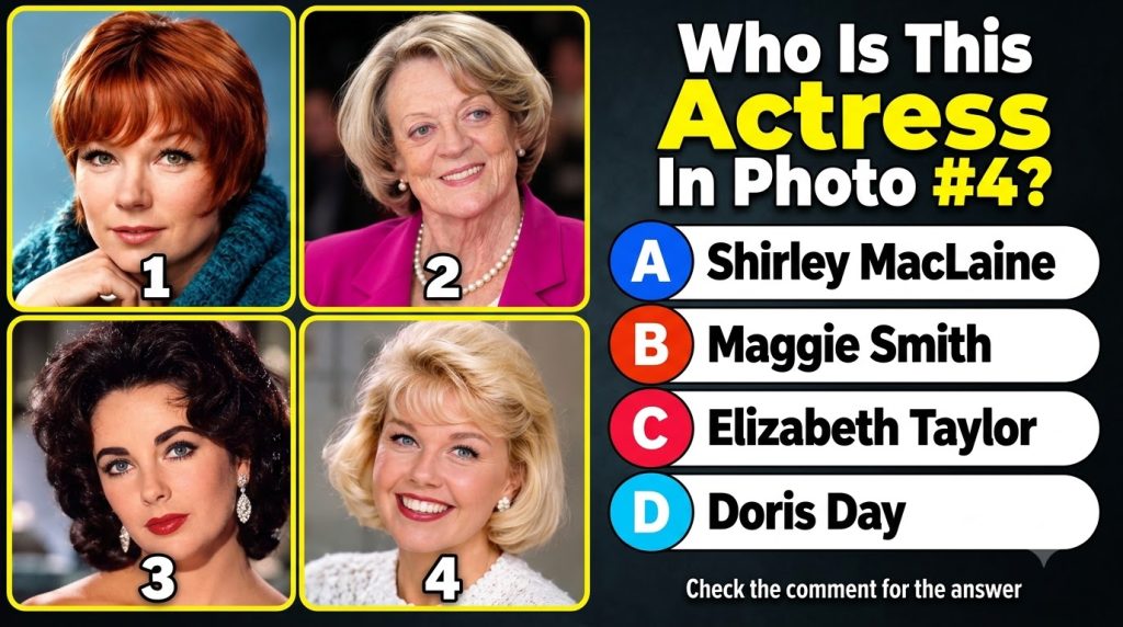 A quiz layout featuring four headshots of actresses in a 2x2 grid with a question below asking to identify the actress i