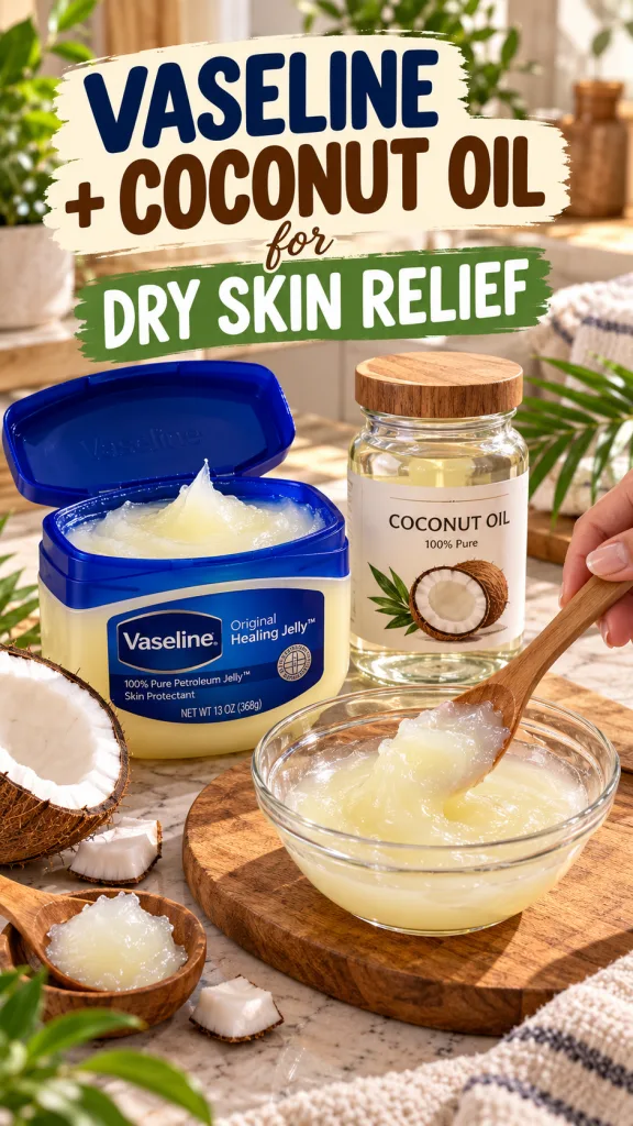A close-up of a glass bowl with a creamy white mixture of Vaseline and coconut oil being stirred gently with a small woo