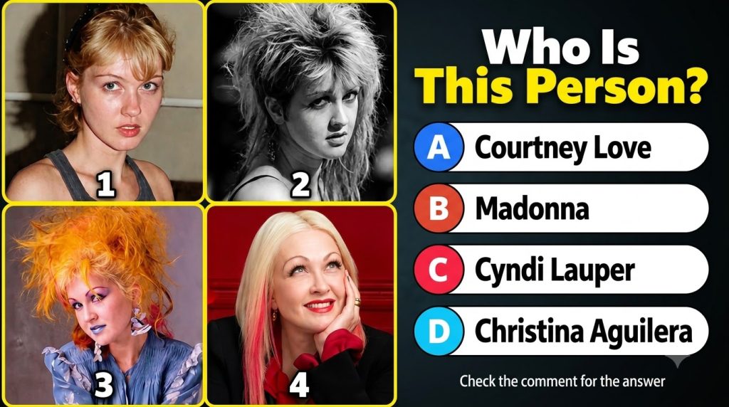 A four-panel quiz featuring portraits of Cyndi Lauper at different stages of her career from young blonde to iconic 80s
