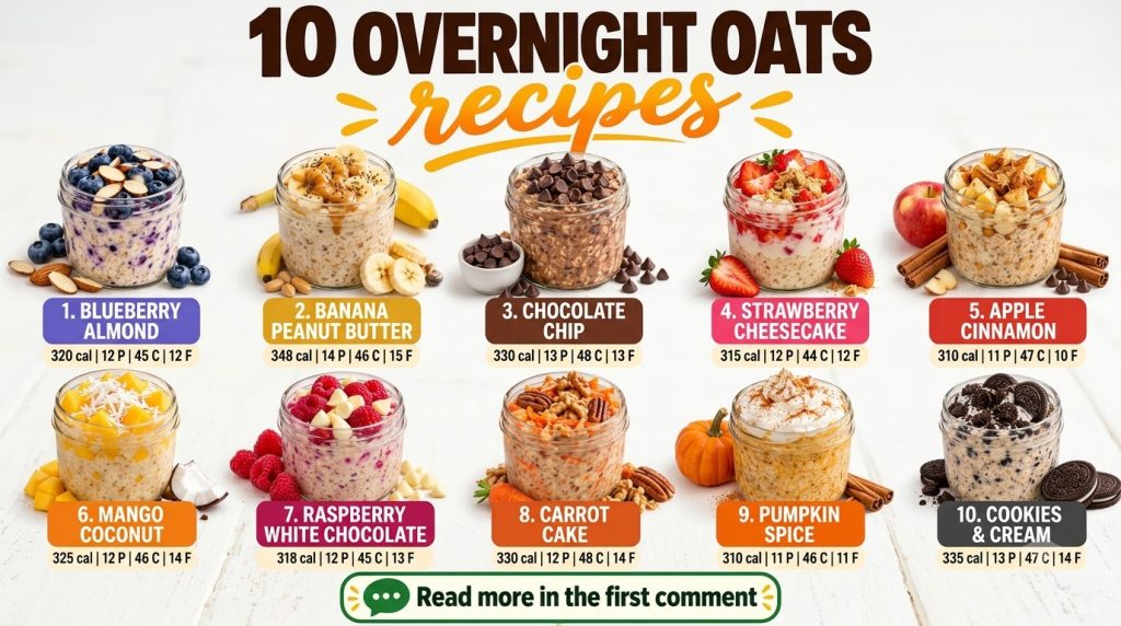 An infographic titled 10 OVERNIGHT OATS recipes showing ten glass jars of different overnight oat preparations on a whit