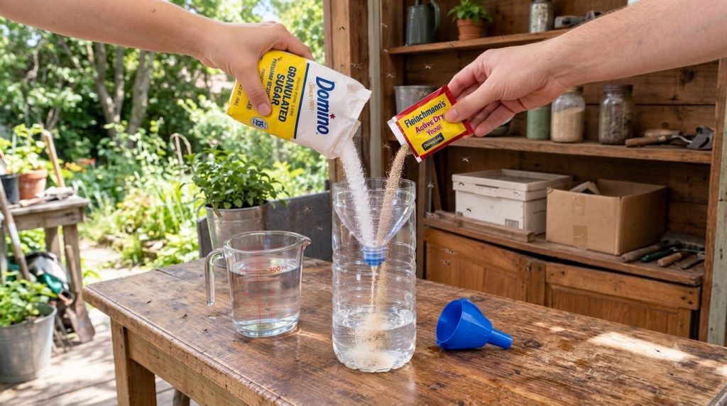 Hands pouring granulated sugar and active dry yeast into a plastic bottle containing water using a funnel A measuring cu