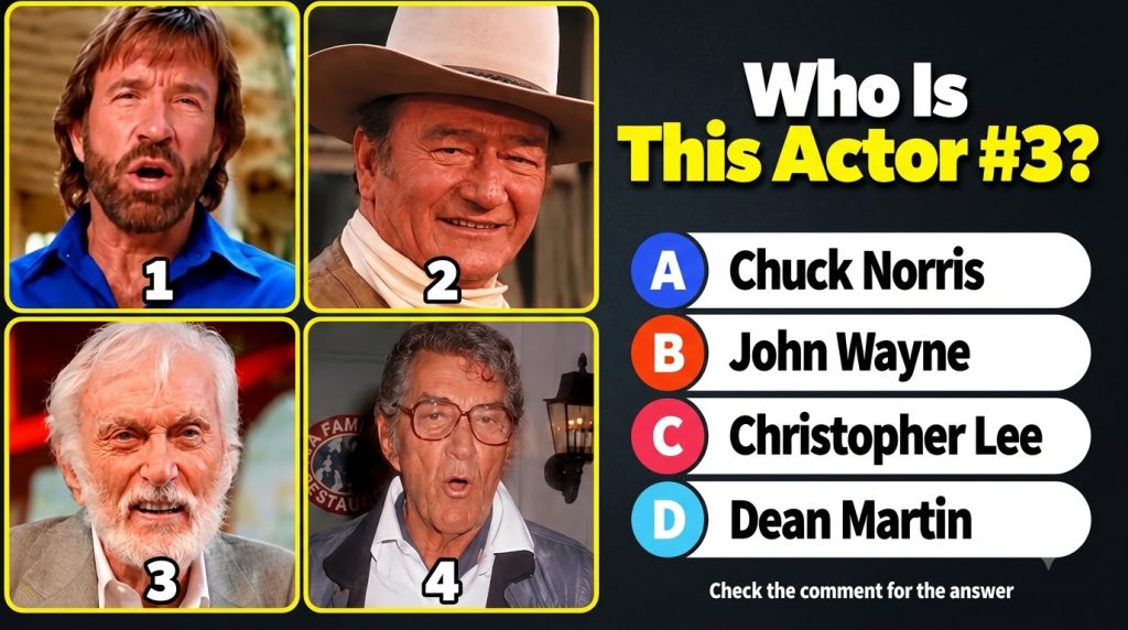 A trivia quiz featuring four headshots of famous actors Chuck Norris John Wayne Christopher Lee and Dean Martin arranged