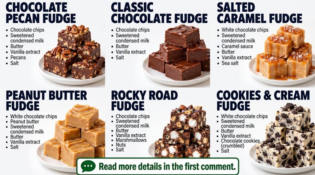 An infographic showing six different fudge recipes Chocolate Pecan Salted Caramel Classic Chocolate Rocky Road Peanut Bu