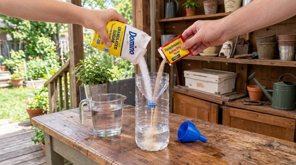 Two hands pouring granulated sugar and active dry yeast into a plastic bottle filled with water using a funnel Small ins
