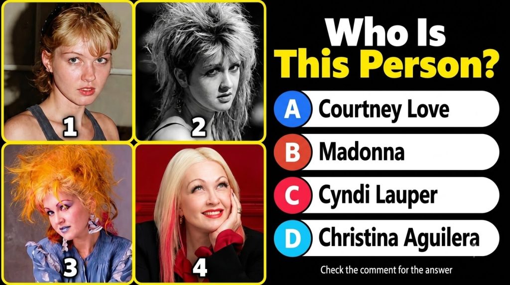 A 2x2 grid showing four distinct portraits of Cyndi Lauper at different stages of her life The top left shows her with a