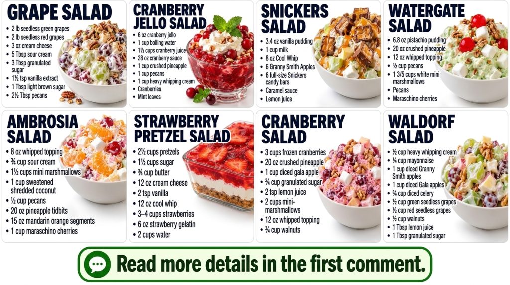 An infographic showing eight different sweet salad recipes in a 4x2 grid Each cell features a recipe title a bulleted li