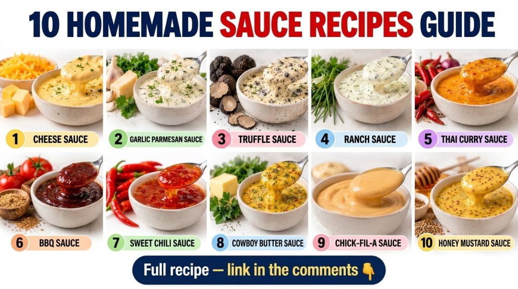 A grid of 10 homemade sauces each in a small bowl with relevant ingredients artfully arranged around them such as cheese