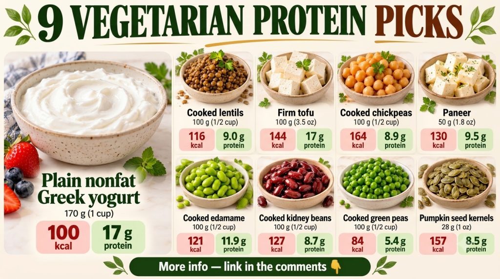 An infographic showing 9 vegetarian protein sources plain nonfat Greek yogurt cooked lentils firm tofu cooked chickpeas 