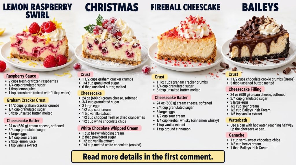 An infographic showing four different cheesecake recipes Lemon Raspberry Swirl Christmas Cheesecake Fireball Cheesecake