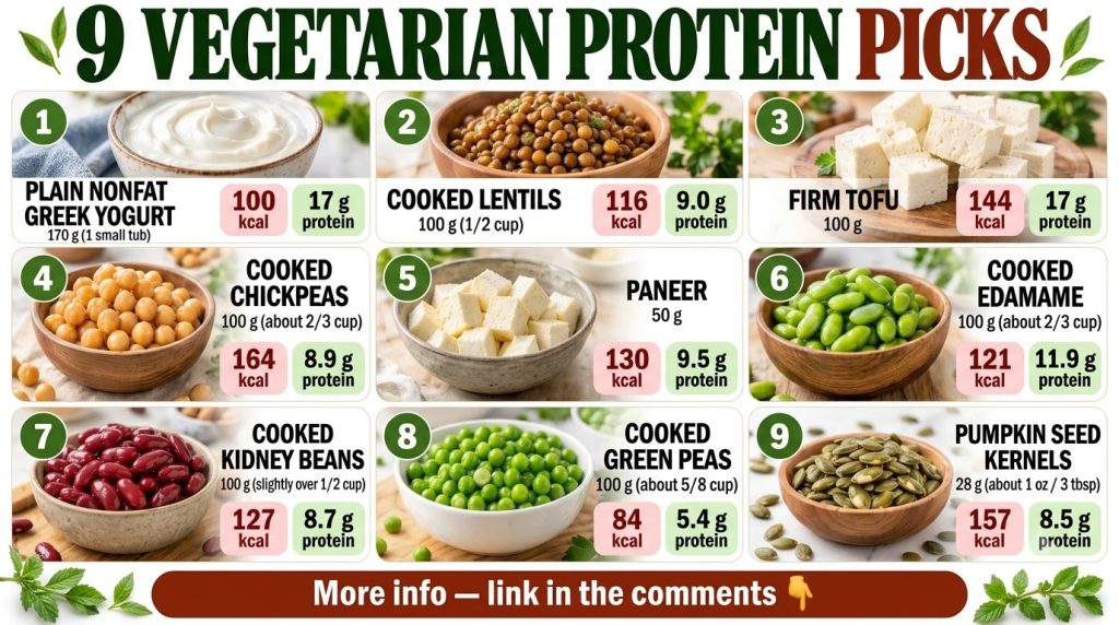 A vibrant collage showcasing nine different vegetarian protein sources plain nonfat Greek yogurt cooked lentils firm tof