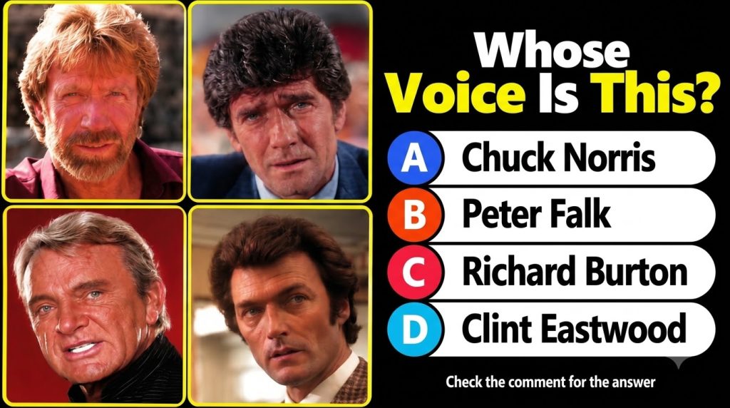 A social media quiz featuring four framed portraits of classic male actors Chuck Norris top-left Peter Falk top-right Ri