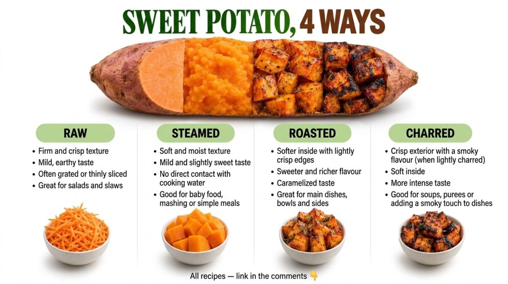 A large sweet potato visually divided to show its raw cross-section alongside samples of shredded raw steamed roasted an