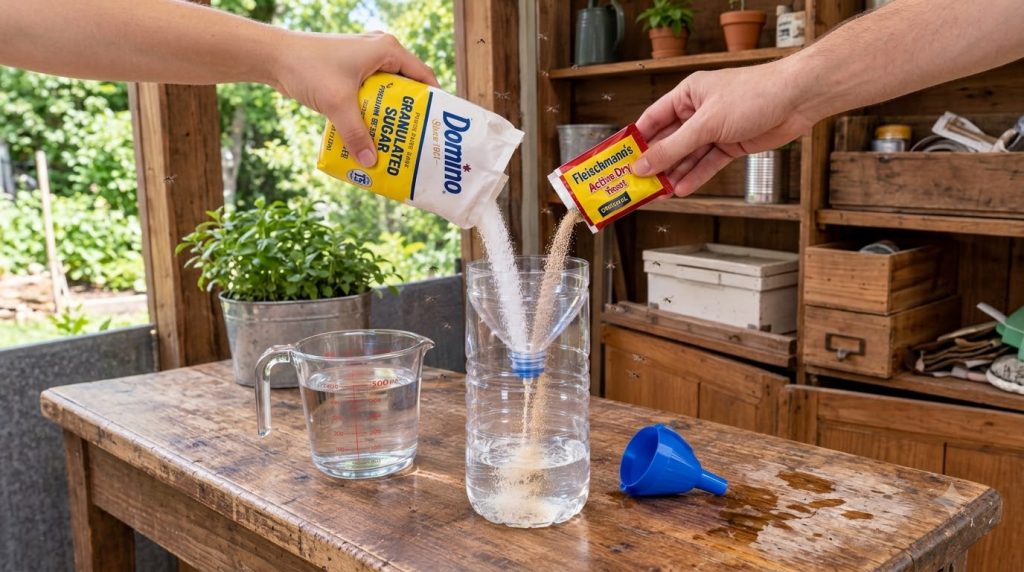 Hands pouring granulated sugar and dry yeast into a plastic bottle containing water using an inverted bottle top as a fu