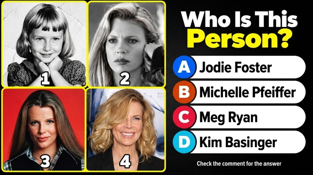 A four-panel quiz image showing a woman at different life stages with the question Who Is This Person and multiple-choic