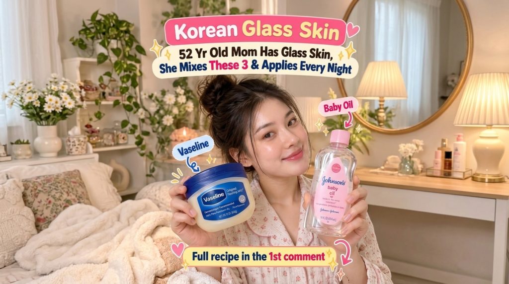 A young East Asian woman holding a large tub of Vaseline Original Healing Jelly and a bottle of Johnson s Baby Oil smili