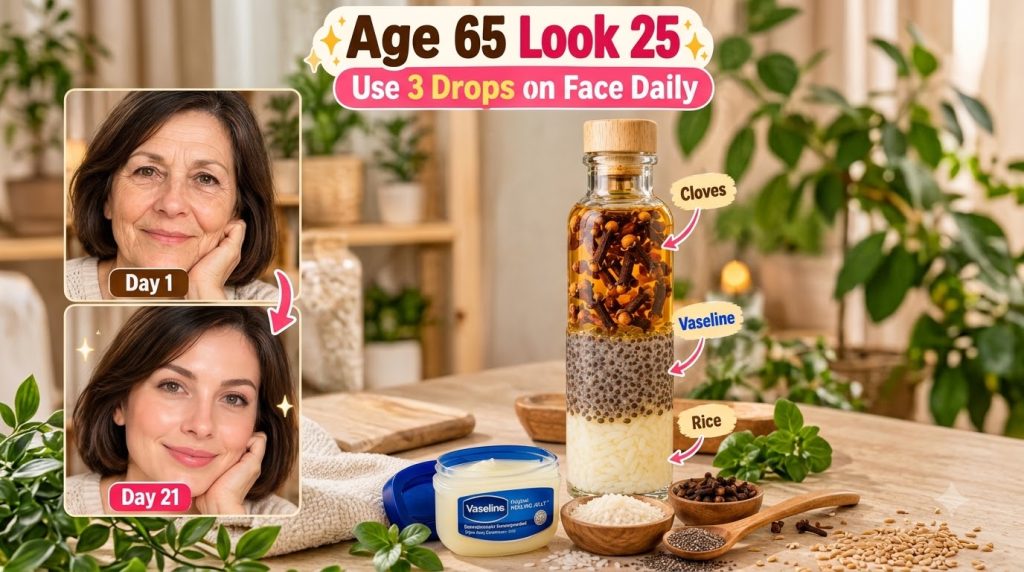 A vertical collage showing Day 1 and Day 21 portraits of a woman with visibly younger skin next to a layered bottle cont