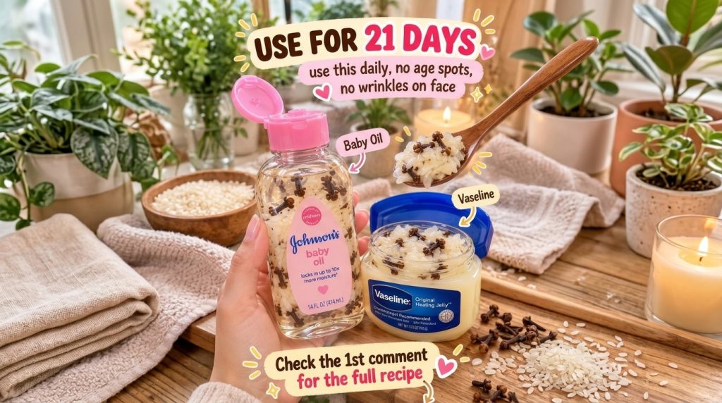 A hand holding a bottle of Johnson s Baby Oil next to a jar of Vaseline Original Healing Jelly both infused with rice gr
