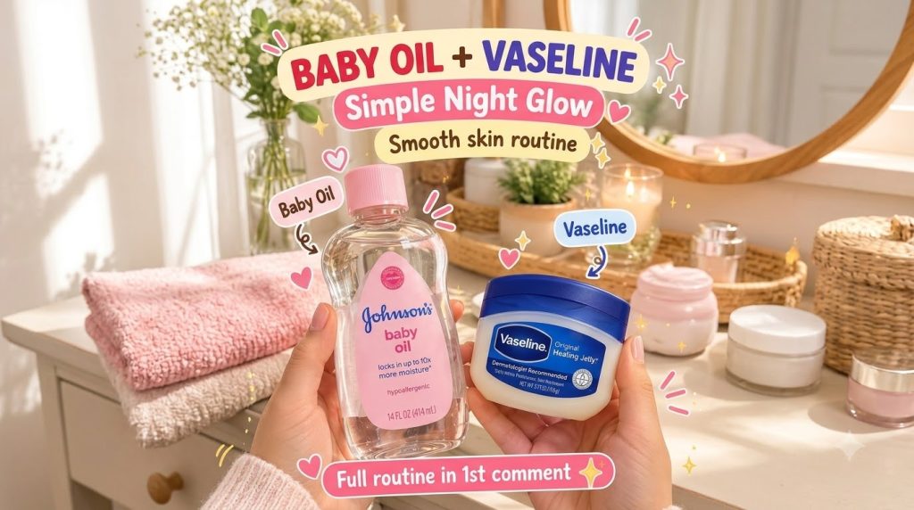 A pair of hands holding a bottle of Johnson s baby oil and a jar of Vaseline Original Healing Jelly set against a softly