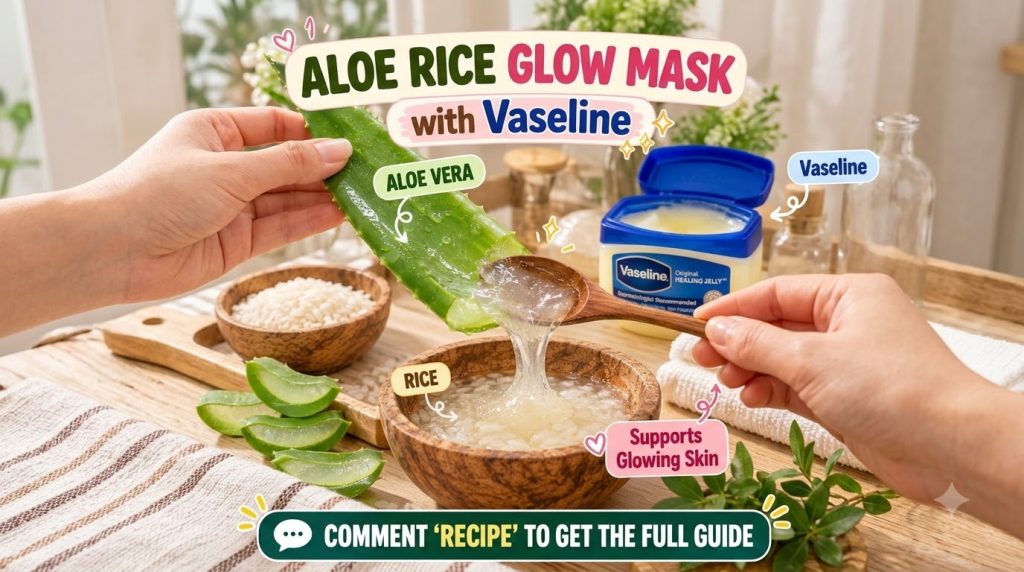A hand scooping aloe vera gel from a leaf into a wooden bowl with rice surrounded by dry rice cut aloe pieces and an ope