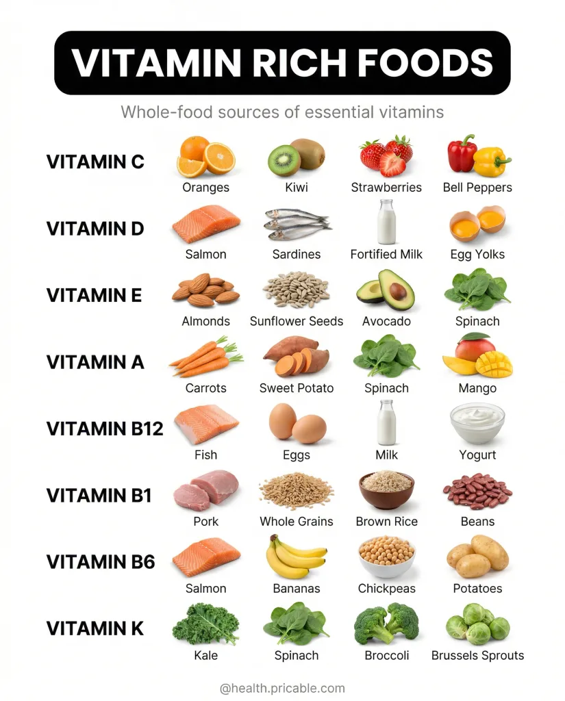 An infographic titled VITAMIN RICH FOODS showing various vitamins C D E A B12 B1 B6 K and their corresponding whole-food